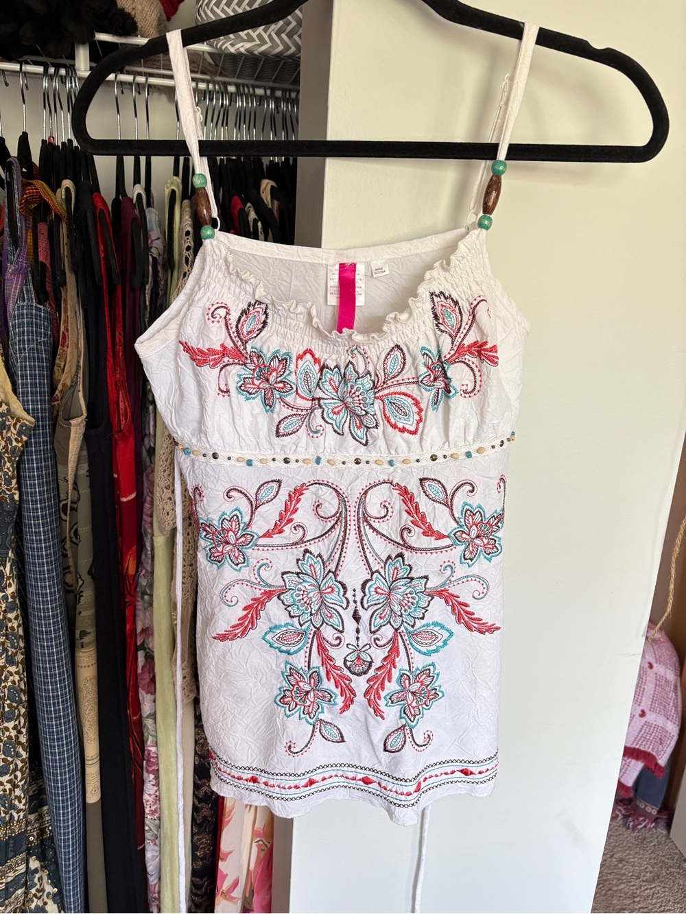 White Embroidered Floral Spaghetti Strap Dress